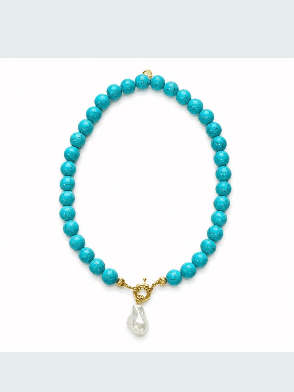 Mayamar Genuine Turquoise Beaded Necklace W/Baroque Pearl Drop 24k Dipped Clasp
